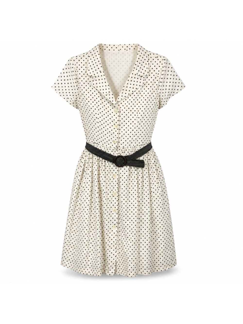 Pink Collection Dress Women XL Ivory Black Polka Dot Belted Cotton Button